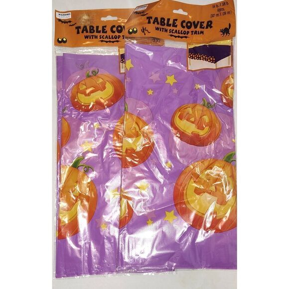 Lot of 2 Halloween Plastic Scalloped Table Cover 54”x 108” Purple w/Jack O'Lante - Picture 1 of 5